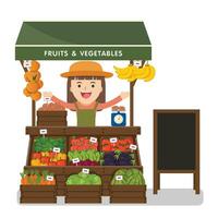 Local market farmer selling vegetables produce on his stall with awning. Modern flat style realistic vector illustration isolated on white background.