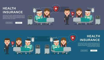A vector illustration of a man in the hospital injured and insurance Services Concept for banner, Health insurance concept. Protection health. Care medical. Healthcare concept.