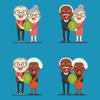 retirado mayor mayor años Pareja en creativo plano vector personaje diseño abuelo y abuela en pie lleno longitud sonriente