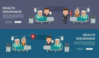 A vector illustration of a old man in the hospital injured and insurance Services Concept for banner, Health insurance concept. Protection health. Care medical. Healthcare concept.