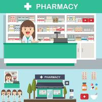 Vector pharmacy drugstore set design, shop store, package, t-shirt, cap, uniform and front display design layout set of corporate identity mock up template.