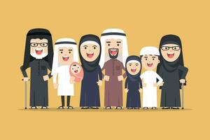 vector árabe familia, musulmán gente, saudi dibujos animados hombre y mujer. árabe personas padre, madre, hijo, hija, abuela y abuelo en pie juntos