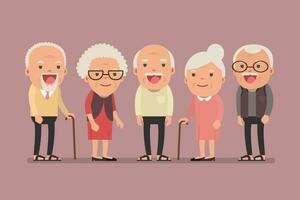 Group of elderly people stand together on background. Vector illustration in creative flat vector character design