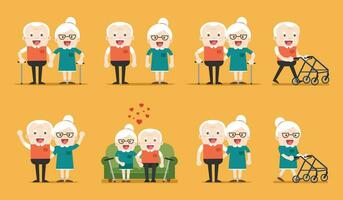 Retired elderly senior age couple in creative flat vector character design Grandpa and grandma standing full length smiling