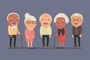 Group of elderly people stand together on background. Vector illustration in creative flat vector character design