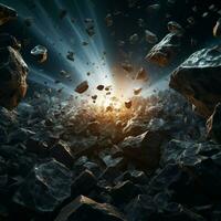 AI generated Celestial chaos unfolds with rocks and debris soaring after explosion For Social Media Post Size photo