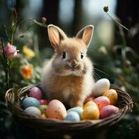 AI generated Easter Sunday scene Cute bunny with colorful eggs, blurry grass For Social Media Post Size photo