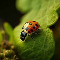 AI generated Tiny ladybug crawls along the leafs border, a minuscule explorer For Social Media Post Size photo