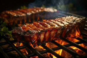 AI generated BBQ party scene delicious grilled ribs on a barbecue grill photo