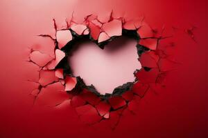 AI generated Valentines concept Ripped hole reveals a red heart on textured background photo