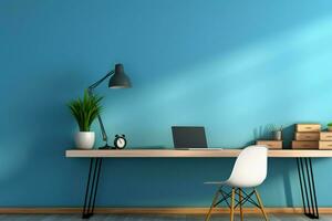 AI generated Mockup perfection a blue wall in a tranquil home office photo