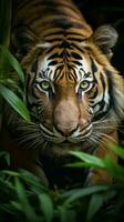 AI generated Closeup Sumatran tiger stealthily stalking in jungle Vertical Mobile Wallpaper photo
