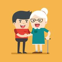 Illustration of young volunteer man caring for elderly woman. Man helping and supporting old aged female. Vector flat design. Social concept caring for seniors