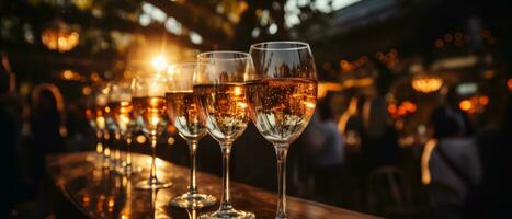 AI generated Bright and cheerful close-up of champagne glasses with fizzing bubbles, set on a table with festive decorations. photo