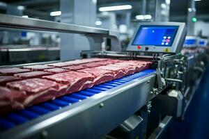 AI generated Industrial precision Meat production equipment works on cutting and processing photo