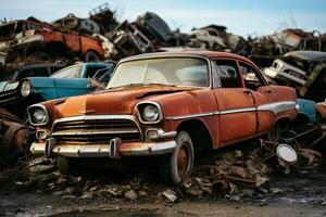 ai generado abandonado reliquias oxidando antiguo carros en un depósito de chatarra significar ambiental cuestiones foto