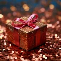AI generated Festive charm Red gift box adorned with shimmering holiday tinsel For Social Media Post Size photo