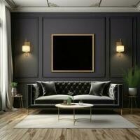 AI generated Luxurious apartment interior with black sofa, mockup poster frame For Social Media Post Size photo