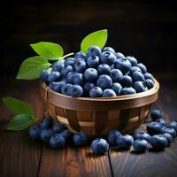 AI generated Image Blueberries in a basket on top of a vintage wooden table, selective focus For Social Media Post Size photo