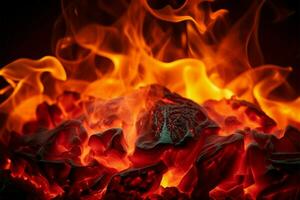 AI generated Vibrant red and yellow flames in electronic fireplace, close up coziness photo