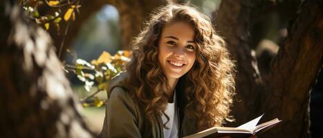 AI generated Portrait of a young, happy student reading a book while leaning against a tree in a sunny park. photo