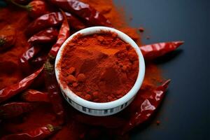 AI generated Background of chili powder and red peppers, adding spice to display photo