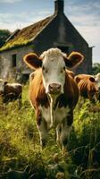 ai generado casa de Campo fondo manada de vacas en un irlandesa campo retrato vertical móvil fondo de pantalla foto