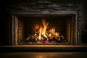 AI generated Fireplace allure flames flicker, creating a mesmerizing and warm spectacle photo