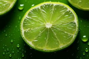 ai generado verde gotas Fresco Lima rebanada adornado con agua gotas en verde foto