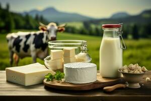 AI generated Milk products displayed on a green meadow background with cows photo