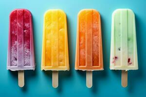 AI generated Flat lay of bright ice cream popsicles, top view on blue photo