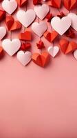 AI generated Valentines Day background Red paper cut hearts on pink backdrop Vertical Mobile Wallpaper photo