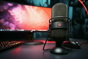 AI generated Audio immersion close up of a studio microphone in a gaming setup photo