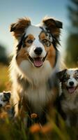 ai generado imagen grupo de australiano perros, mamá con cachorros, jugando en prado vertical móvil fondo de pantalla foto