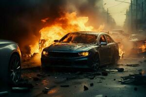AI generated Dangerous car crash scene with a fiery aftermath on the road photo