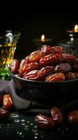 AI generated Dates in a bowl on black background, selective focus Vertical Mobile Wallpaper photo