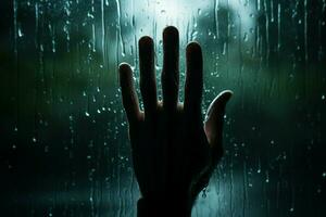 AI generated Hands grace silhouette revealed through the mystique of wet glass photo