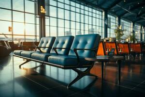 AI generated Serene airport lounge, with a dreamlike blur of an awaiting aeroplane photo