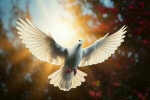 AI generated Ethereal scene a dove gracefully glides through the radiant sunlight photo