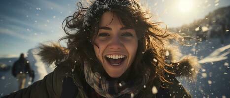 AI generated Photo of a joyful young woman on a winter adventure, her smile radiating happiness against a snowy backdrop.