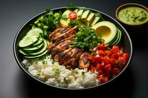 ai generado sano Buda cuenco A la parrilla pollo, Fresco verduras, y arroz parte superior foto