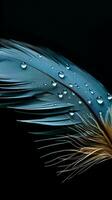 AI generated Exquisite feather with water drops, close up on a black background Vertical Mobile Wallpaper photo