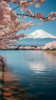 ai generado naturalezas belleza monte fuji y Cereza flores a kawaguchiko lago vertical móvil fondo de pantalla foto