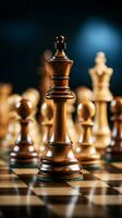 AI generated view Closeup view of chess pieces on a chessboard, business strategy Vertical Mobile Wallpaper photo