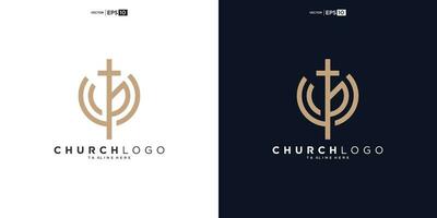 hoja crecimiento y Iglesia línea estilo logo vector diseño