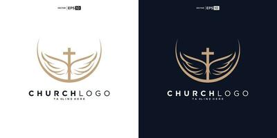 Iglesia logo. Biblia, Jesús' cruzar y ángel alas. alas Iglesia logo diseño icono. vector