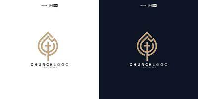 hoja crecimiento y Iglesia línea estilo logo vector diseño