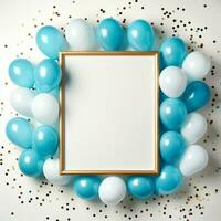 AI generated Minimalist frame, graced with airy blue balloons and celebratory confetti For Social Media Post Size photo