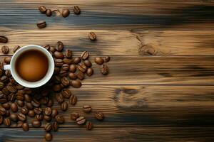 AI generated Coffee capture, displayed on a white wood wall for charm photo