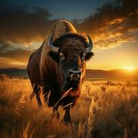 ai generado asombroso escena bisonte en Yellowstone pradera a atardecer, Estados Unidos para social medios de comunicación enviar Talla foto